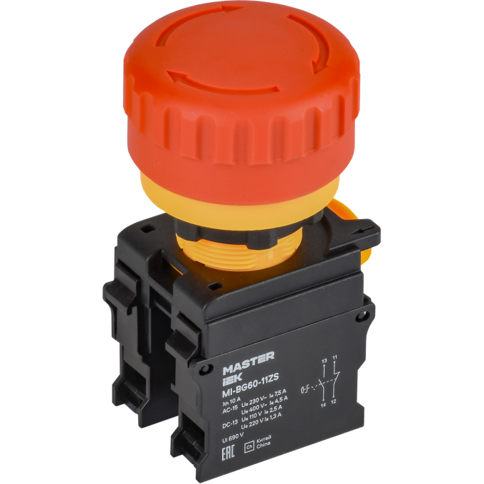 Кнопка IEK MASTER MI-BG60-11ZS-3-23-K04 "Грибок" поворотная с фиксацией 1NO+1NC красная MI-BG60-11ZS-3-23-K004