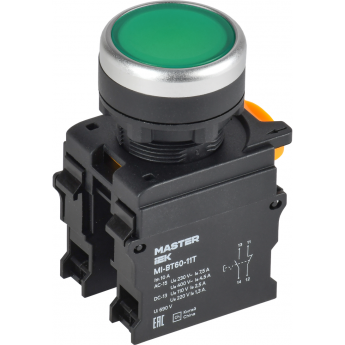 Кнопка с фиксацией IEK MASTER MI-BT60-11T-3-21-K06 d=22мм 1NO+1NC зелёная Кнопка с фиксацией IEK MASTER MI-BT60-11T-3-21-K06 d=22мм 1NO+1NC зелёная