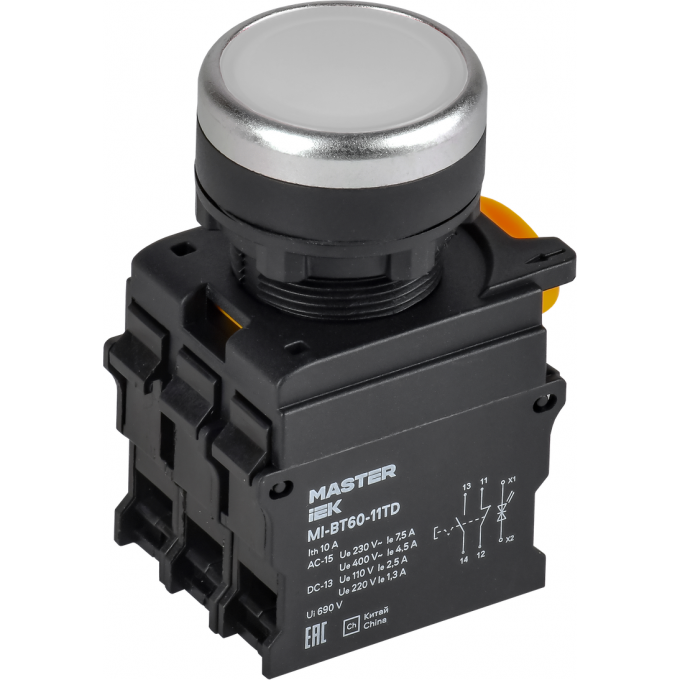 Кнопка с подсветкой и фиксацией IEK MASTER MI-BT60-11TD-3-11-K01 d=22мм 1NO+1NC белая MI-BT60-11TD-33-11-K01