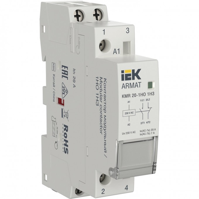 Контактор модульный IEK ARMAT KMR 20А 230В AC 1НО 1НЗ AR-KMR10-020-11-230 Контактор модульный IEK ARMAT KMR 20А 230В AC 1НО 1НЗ AR-KMR10-020-11-230