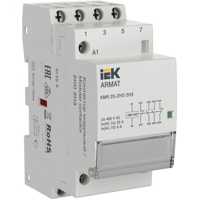 Контактор модульный IEK ARMAT KMR 25А 230В AC 2НО 2НЗ AR-KMR10-025-22-230 Контактор модульный IEK ARMAT KMR 25А 230В AC 2НО 2НЗ AR-KMR10-025-22-230