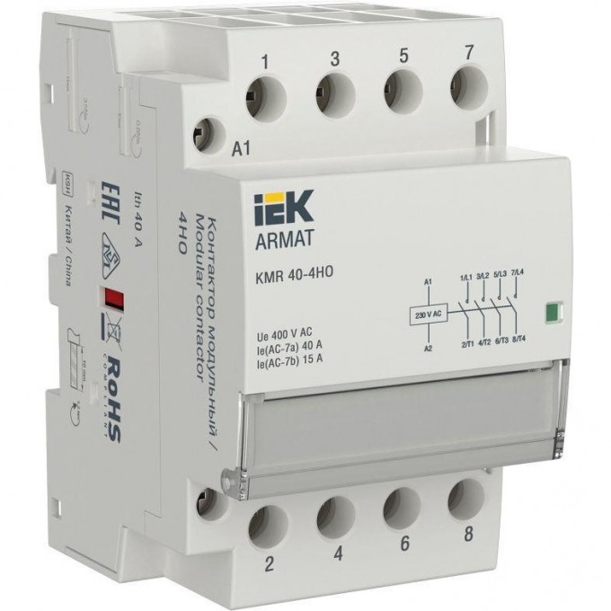 Контактор модульный IEK ARMAT KMR 40А 230В AC 4НО AR-KMR10-040-40-230 Контактор модульный IEK ARMAT KMR 40А 230В AC 4НО AR-KMR10-040-40-230