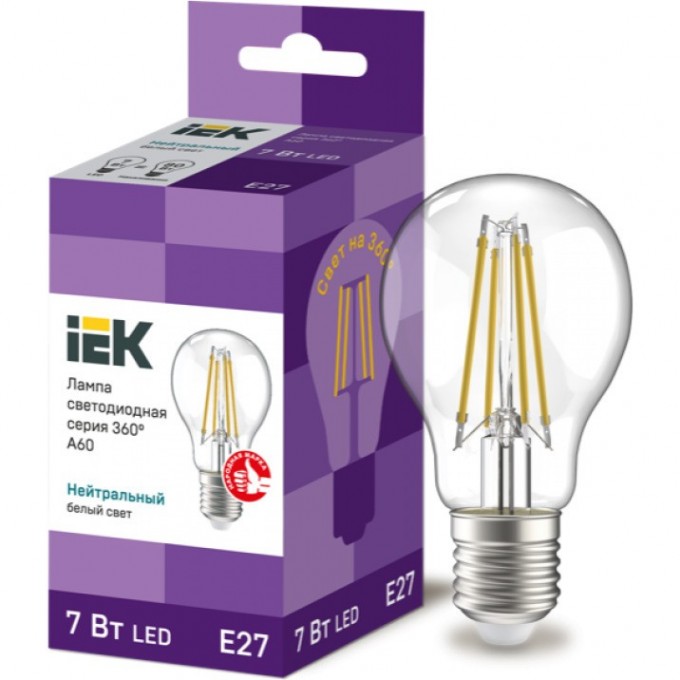 Лампа IEK серия 360, LED, A60, прозрачная, 7вт, 230В, 4000К, E27 LLF-A60-7-230-40-E27-CL Лампа IEK серия 360, LED, A60, прозрачная, 7вт, 230В, 4000К, E27 LLF-A60-7-230-40-E27-CL