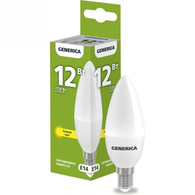 Лампа светодиодная C35 свеча 12Вт 230В 3000К E14 GENERICA LL-C35-12-230-30-E14-G Лампа светодиодная C35 свеча 12Вт 230В 3000К E14 GENERICA LL-C35-12-230-30-E14-G