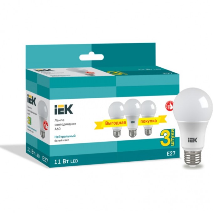 Лампа светодиодная IEK A60 шар 11Вт 230В 4000К E27 (3шт/упак) - LLE-A60-11-230-40-E27-3 Лампа светодиодная IEK A60 шар 11Вт 230В 4000К E27 (3шт/упак) - LLE-A60-11-230-40-E27-3