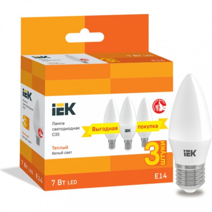 Лампа светодиодная IEK C35 свеча 7Вт 230В 3000К E14 (3шт/упак) - LLE-C35-07-230-30-E14-3 Лампа светодиодная IEK C35 свеча 7Вт 230В 3000К E14 (3шт/упак) - LLE-C35-07-230-30-E14-3