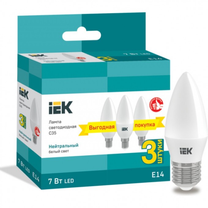 Лампа светодиодная IEK C35 свеча 7Вт 230В 4000К E14 (3шт/упак) - LLE-C35-07-230-40-E14-3 Лампа светодиодная IEK C35 свеча 7Вт 230В 4000К E14 (3шт/упак) - LLE-C35-07-230-40-E14-3
