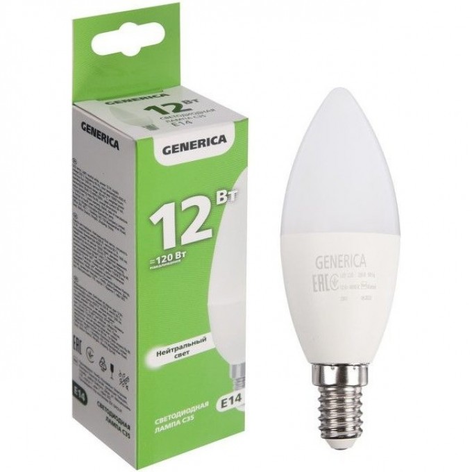 Лампа светодиодная IEK GENERICA C35 свеча 12Вт 230В 4000К E14 LL-C35-12-230-40-E14-G Лампа светодиодная IEK GENERICA C35 свеча 12Вт 230В 4000К E14 LL-C35-12-230-40-E14-G