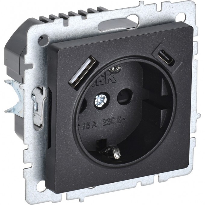 Розетка IEK BRITE РЮш11-1-БрЧ 16А с USB A+C 18Вт с заземлением, защитные шторки, черный BR-R14-16-U22-018-K02 Розетка IEK BRITE РЮш11-1-БрЧ 16А с USB A+C 18Вт с заземлением, защитные шторки, черный BR-R14-16-U22-018-K02