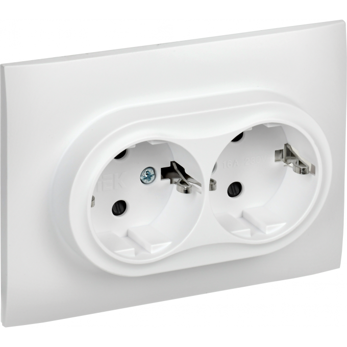 Розетка IEK SKANDY SK-R07W 2-местная с заземлением с защитными шторками 16А в сборе арктический белый SK-R24-16-K01-F