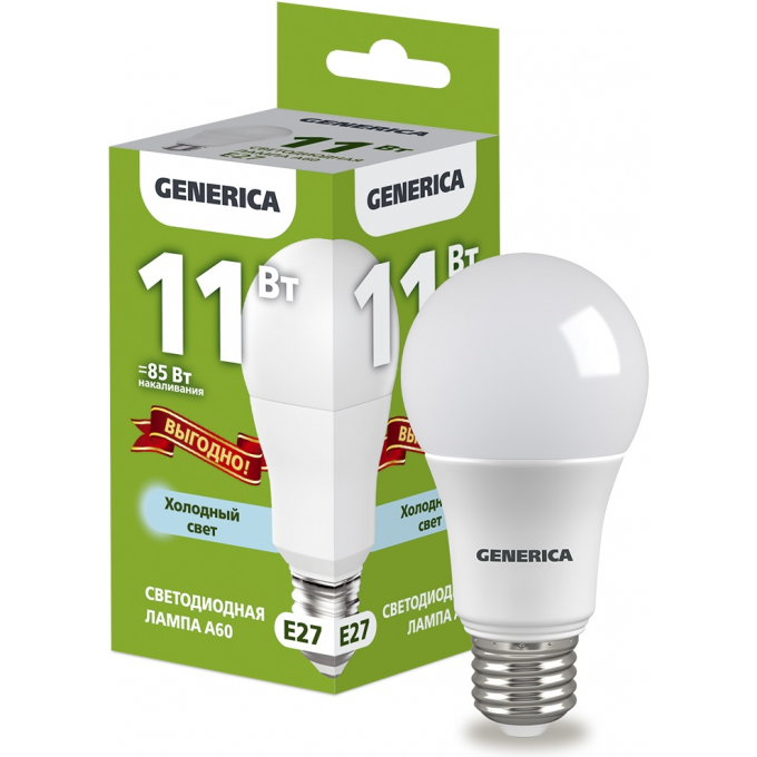 Светодиодная лампа IEK GENERICA A60 груша 11Вт 230В 6500К E27 LL-A60-11-230-65-E27-G Светодиодная лампа IEK GENERICA A60 груша 11Вт 230В 6500К E27 LL-A60-11-230-65-E27-G