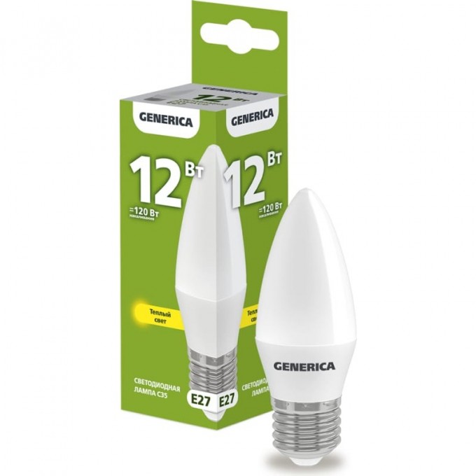 Светодиодная лампа IEK GENERICA C35 свеча 12Вт 230В 3000К E27 LL-C35-12-230-30-E27-G Светодиодная лампа IEK GENERICA C35 свеча 12Вт 230В 3000К E27 LL-C35-12-230-30-E27-G