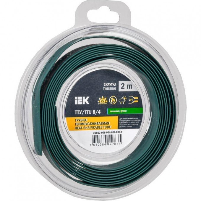 Трубка термоусадочная IEK ТТУ нг-LS 8/4 зел. (уп.2м) UDR12-008-004-002-K06-T Трубка термоусадочная IEK ТТУ нг-LS 8/4 зел. (уп.2м) UDR12-008-004-002-K06-T