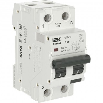 Выключатель автоматический дифференциального тока IEK ARMAT AR-B10N-1N-C020A030 АВДТ B10N 36мм 2п (1P+NP) C 20 30мА тип A Выключатель автоматический дифференциального тока IEK ARMAT AR-B10N-1N-C020A030 АВДТ B10N 36мм 2п (1P+NP) C 20 30мА тип A