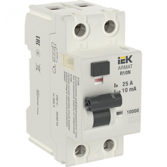 Выключатель дифференциального тока IEK ARMAT R10N 2P 25А 10мА тип A AR-R10N-2-025A010 Выключатель дифференциального тока IEK ARMAT R10N 2P 25А 10мА тип A AR-R10N-2-025A010