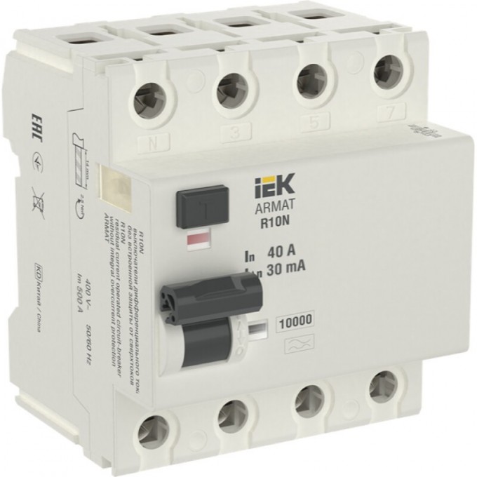 Выключатель дифференциального тока IEK ARMAT R10N 4P 40А 30мА тип A AR-R10N-4-040A030 Выключатель дифференциального тока IEK ARMAT R10N 4P 40А 30мА тип A AR-R10N-4-040A030
