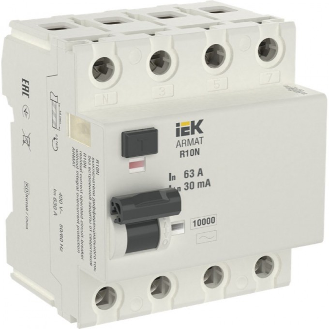 Выключатель дифференциального тока IEK ARMAT R10N 4P 63А 30мА тип AC - AR-R10N-4-063C030 Выключатель дифференциального тока IEK ARMAT R10N 4P 63А 30мА тип AC - AR-R10N-4-063C030