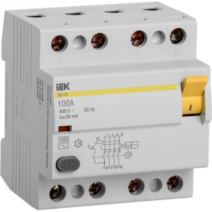 Выключатель дифференциальный (УЗО) IEK ВД1-63 4Р100А 30мА - MDV10-4-100-030 Выключатель дифференциальный (УЗО) IEK ВД1-63 4Р100А 30мА - MDV10-4-100-030