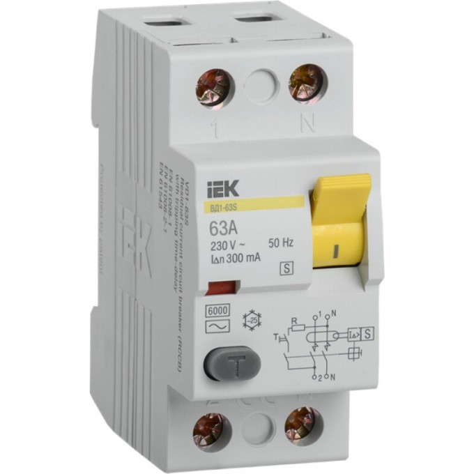 Выключатель дифференциальный (УЗО) IEK ВД1-63S 2Р 63А 300мА - MDV12-2-063-300 Выключатель дифференциальный (УЗО) IEK ВД1-63S 2Р 63А 300мА - MDV12-2-063-300